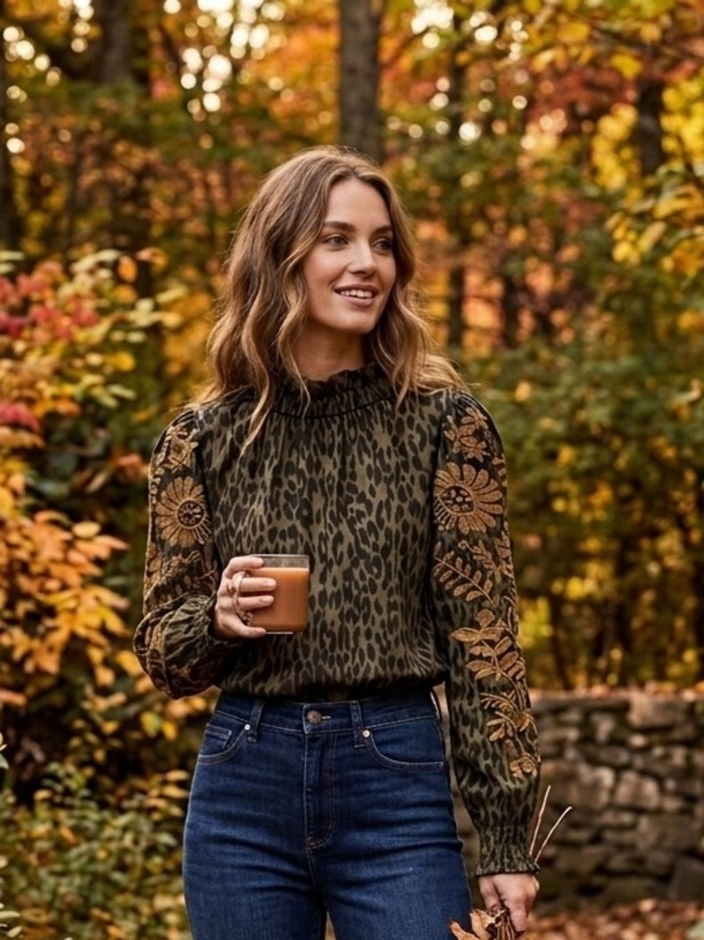 THML Olive Green Animal-Print Blouse with Embroidered Mustard Sleeves